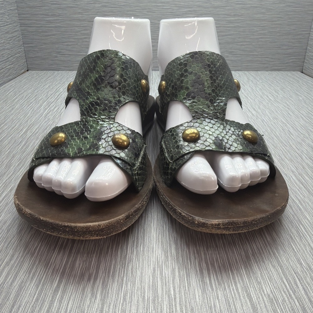 Calleen Cordero‎ Sandals Women's 6 Green Snakeskin Print Studded Slides